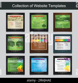 Collection of Website Templates for Your Business - Nine Nice and Simple Design Templates with Different Patterns and Header Designs - Nature, Trees, Stock Vector