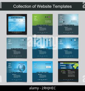 Collection of Website Templates for Your Business - Nine Nice and Simple Design Templates with Different Patterns and Header Designs - Business, Blue, Stock Vector