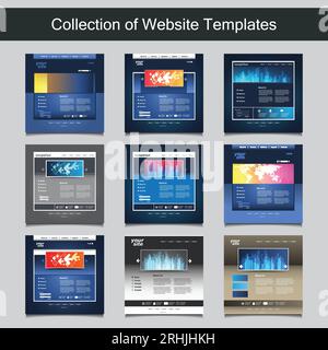 Collection of Website Templates for Your Business - Nine Nice and Simple Design Templates with Different Patterns and Header Designs - Blue, Gallery, Stock Vector