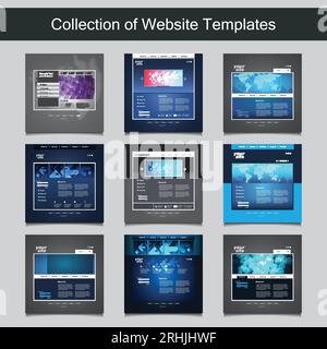 Collection of Website Templates for Your Business - Nine Nice and Simple Design Templates with Different Patterns and Header Designs - Blue, Gallery, Stock Vector