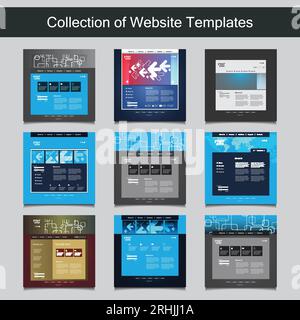 Collection of Website Templates for Your Business - Nine Nice and Simple Design Templates with Different Patterns and Header Designs - Blue, Gallery, Stock Vector