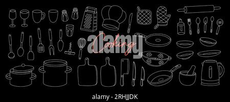 Kitchen utensils for cooking. Cooking tools, appliances, kitchenware. Ceramic plates, mug, cup, wineglass, frying pan, sieve, colander, steel grater. Stock Vector