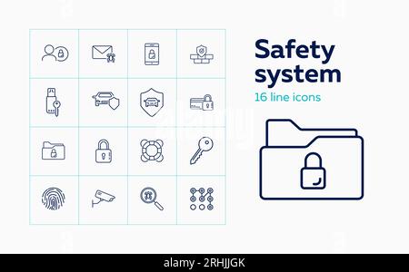 Safety system line icon set. Car, shield, lock Stock Vector