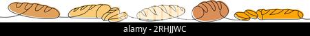 Breads one line colored continuous drawing. Whole grain and wheat bread, ciabatta, french baguette continuous one line illustration. Stock Vector