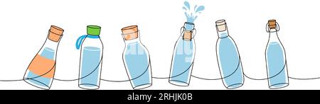 Glass bottles one line colored continuous drawing. Empty glass bottles continuous one line illustration. Vector linear illustration. Stock Vector