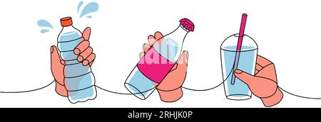 Hands with plastic bottles one line colored continuous drawing. Hands with plastic bottles and glass beaker continuous one line illustration. Stock Vector