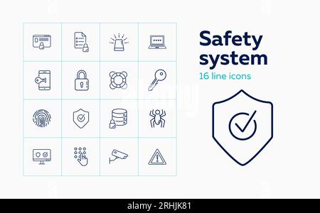 Safety system line icon set. Computer, data storage Stock Vector