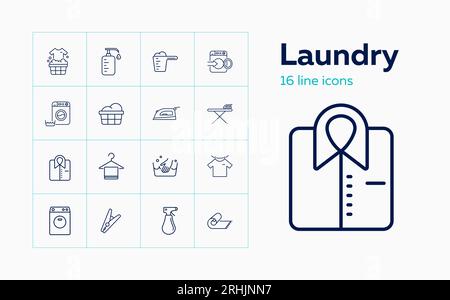 Laundry line icon set. Detergent, drying Stock Vector