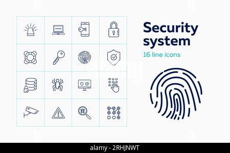 Security system line icon set. Key, locked data storage Stock Vector