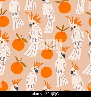 Parrots and oranges pattern on beige background. Tropical pattern. Vector illustration Stock Vector