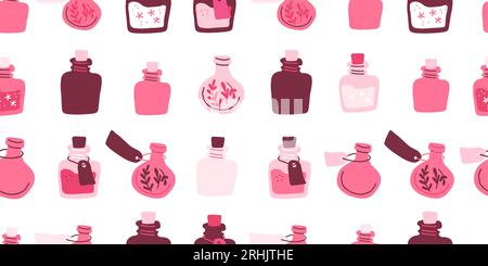 Pink pattern with potion bottles. Witch pattern in hand drawn style, suitable for pink Halloween party, valentines day. Vector illustration Stock Vector
