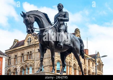 The Bronze sculpture of Prince Albert on horseback, royal consort to Queen Victoria, stands in Queen Square in the the city of Wolverhampton Stock Photo