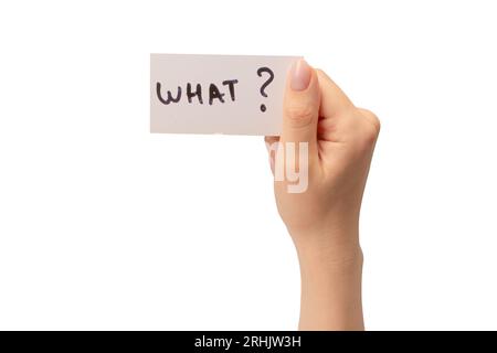 What text on a card in a woman hand isolated on a white background. Stock Photo