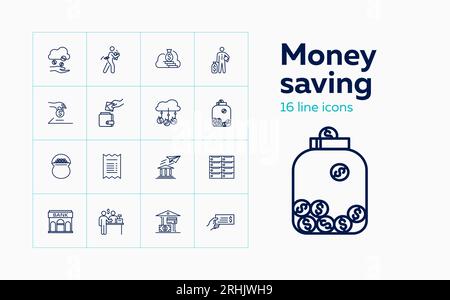 Money saving line icon set Stock Vector