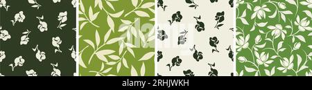 Set of four floral patterns with flowers and leaves in green colors. Vector seamless floral prints Stock Vector