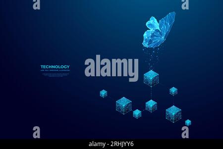 Butterfly flies over linked digital blocks. Metaverse concept. Stock Vector