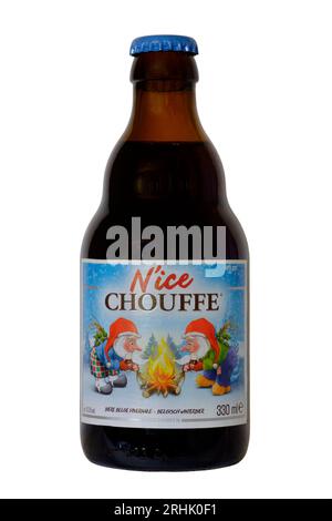 bottle of belgian nice chouffe n ice chouffe christmas brown ale cut out on white background Stock Photo