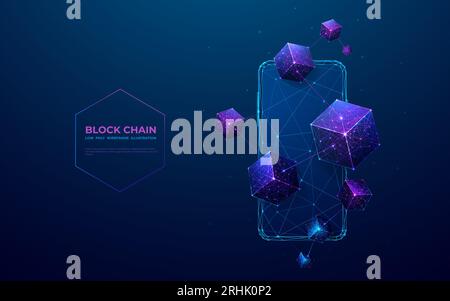 Blockchain digital technology. Abstract linked 3D blocks and phone. Stock Vector