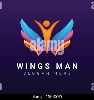 Wings Man Logo Design Flying Man Logotype Angel Stock Vector