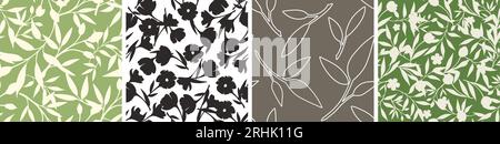 Set of four floral patterns with flowers and leaves in green and brown colors. Vector seamless floral prints Stock Vector