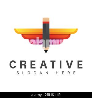 Creative Pencil with Wings Logo Design Flying Pen Logotype Creative Idea Education Logo Stock Vector