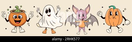 Set of grooby retro halloween characters. Vector illustration. Stock Vector