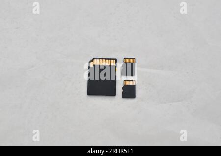 Close up of SD and microSD cards, symbols of compact and efficient storage on chips. Detail of SD and microSD cards, representing the modern concept o Stock Photo