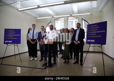 NEW YORK, NEW YORK- AUG 17: Mayor Eric Adams along with Deputy Mayor for Housing, Economic Development, Workforce, Maria Torres-Springer, New York Council Member Kevin Powers gives remarks to unveil proposal to convert vacant offices to housing through city action in the Murray hill section of New York City on August 17, 2023. Chris Moore/MediaPunch Stock Photo