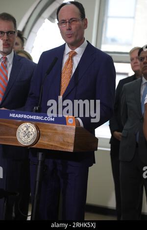 NEW YORK, NEW YORK- AUG 17: Mayor Eric Adams along with Deputy Mayor for Housing, Economic Development, Workforce, Maria Torres-Springer, New York Council Member Kevin Powers gives remarks to unveil proposal to convert vacant offices to housing through city action in the Murray hill section of New York City on August 17, 2023. Chris Moore/MediaPunch Stock Photo