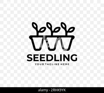 Seedling in cassette pots, plants, agriculture and gardening, linear graphic design. Cultivation of seedlings, agronomy, greenhouse, growing Stock Vector