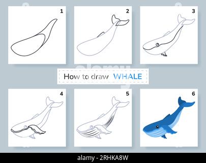 Drawing lesson for kids. How to draw whale.  Stock Vector