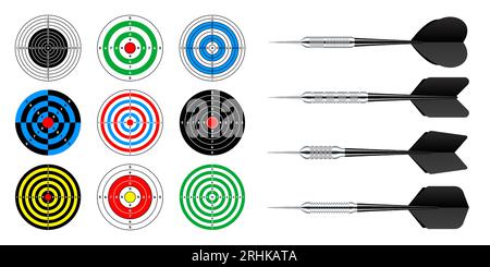 Paper targets with dart arrows. Shooting range round target, divisions, marks and numbers. Gun shooting practise and training, sport competition Stock Vector