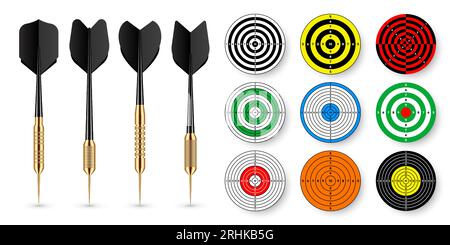 Paper targets with dart arrows and shadows. Shooting range round target, divisions, marks and numbers. Gun shooting practise and training, sport Stock Vector
