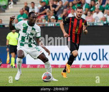 BUDAPEST, HUNGARY - AUGUST 9: Adama Traore of Ferencvarosi TC controls the  ball during the UEFA Champions League Qualifying Round match between Ferencvarosi  TC and Qarabag FK at Ferencvaros Stadium on August