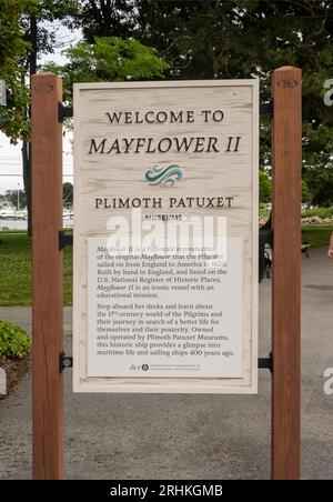 Welcome sign to Mayflower II museum in Plymouth MA Stock Photo