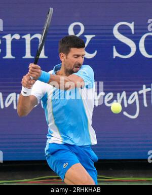 August 16, 2023: Novak Djokovic (SRB) defeated Alejandro Davidovich Fokina (ESP) 6-4, 6-0 (ret), at the Western & Southern Open being played at Lindner Family Tennis Center in Mason, Ohio/USA © Leslie Billman/Tennisclix/Cal Sport Media Stock Photo