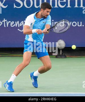 August 16, 2023: Novak Djokovic (SRB) defeated Alejandro Davidovich Fokina (ESP) 6-4, 6-0 (ret), at the Western & Southern Open being played at Lindner Family Tennis Center in Mason, Ohio/USA © Leslie Billman/Tennisclix/Cal Sport Media Stock Photo