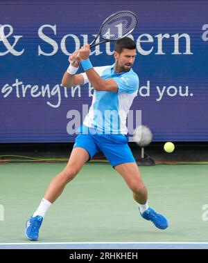 August 16, 2023: Novak Djokovic (SRB) defeated Alejandro Davidovich Fokina (ESP) 6-4, 6-0 (ret), at the Western & Southern Open being played at Lindner Family Tennis Center in Mason, Ohio/USA © Leslie Billman/Tennisclix/Cal Sport Media Stock Photo