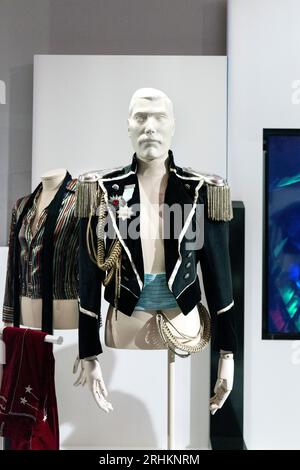 Military-style jacket created for Freddie Mercury's 39th birthday party, Munich, 5 September 1985, Sotheby's A World of His Own exhibition, London, UK Stock Photo