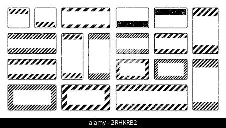 Various black grunge warning signs with diagonal lines. Old attention, danger or caution sign, construction site signage. Realistic notice signboard Stock Vector