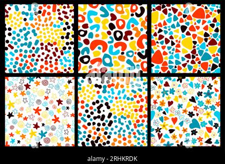 Colorful abstract doodle shape seamless pattern set. Creative ...