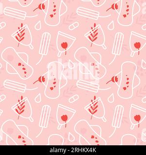 seamless menstruation pattern with different menstrual hygiene products and floral elements- vector illustration Stock Vector