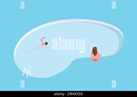 pair relaxing on the swimming pool, men swimming and woman sitting on the edge - vector illustration Stock Vector