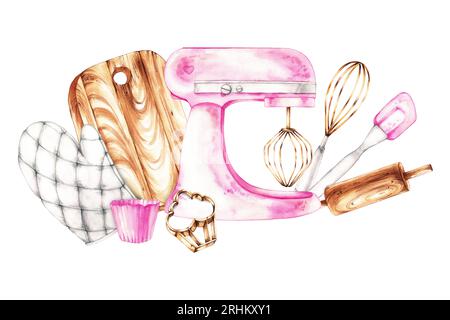 Watercolor composition of baking tools isolated on a white. Pink pastry chef tools for design postcard, packaging, label, package, restaurant Stock Photo