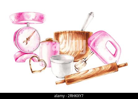 Watercolor composition of baking tools isolated on a white. Pink pastry chef tools for design postcard, packaging, label, package, restaurant Stock Photo