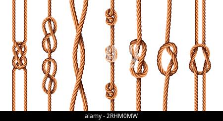 Nautical knots. Realistic ropes with sailor or scout knot types. Tied marine  jute cords with loops. Bended cartoon hemp threads vector set Stock Vector  Image & Art - Alamy