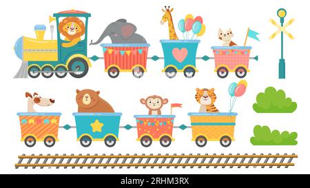 Cute animals on train. Happy animal in railroad car, little pets ride on toy locomotive. Elephant, giraffe and monkey in transportation train cartoon Stock Vector