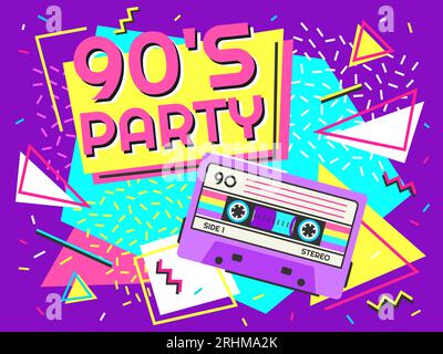 Retro party poster. Nineties music, vintage tape cassette banner and ...