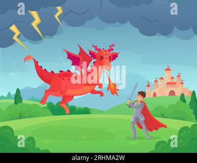 medieval knight fighting dragon