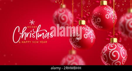 Christmas balls vector design background. Merry christmas and happy new year text with hanging red bauble ball in elegant background. Vector Stock Vector